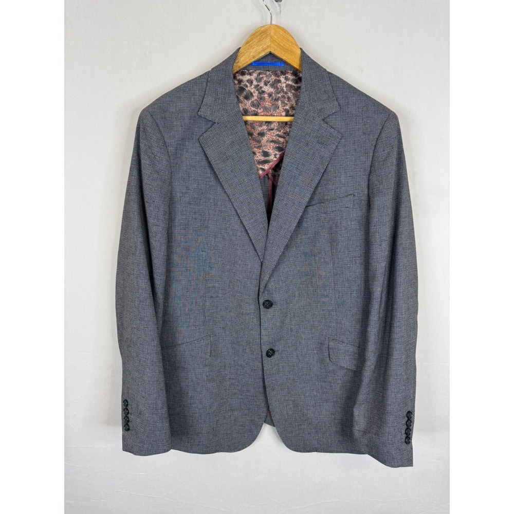 Sondergaard Copenhagen Mens Grey Micro‎ Check Slim Fit Blazer Leopard Lining 44R